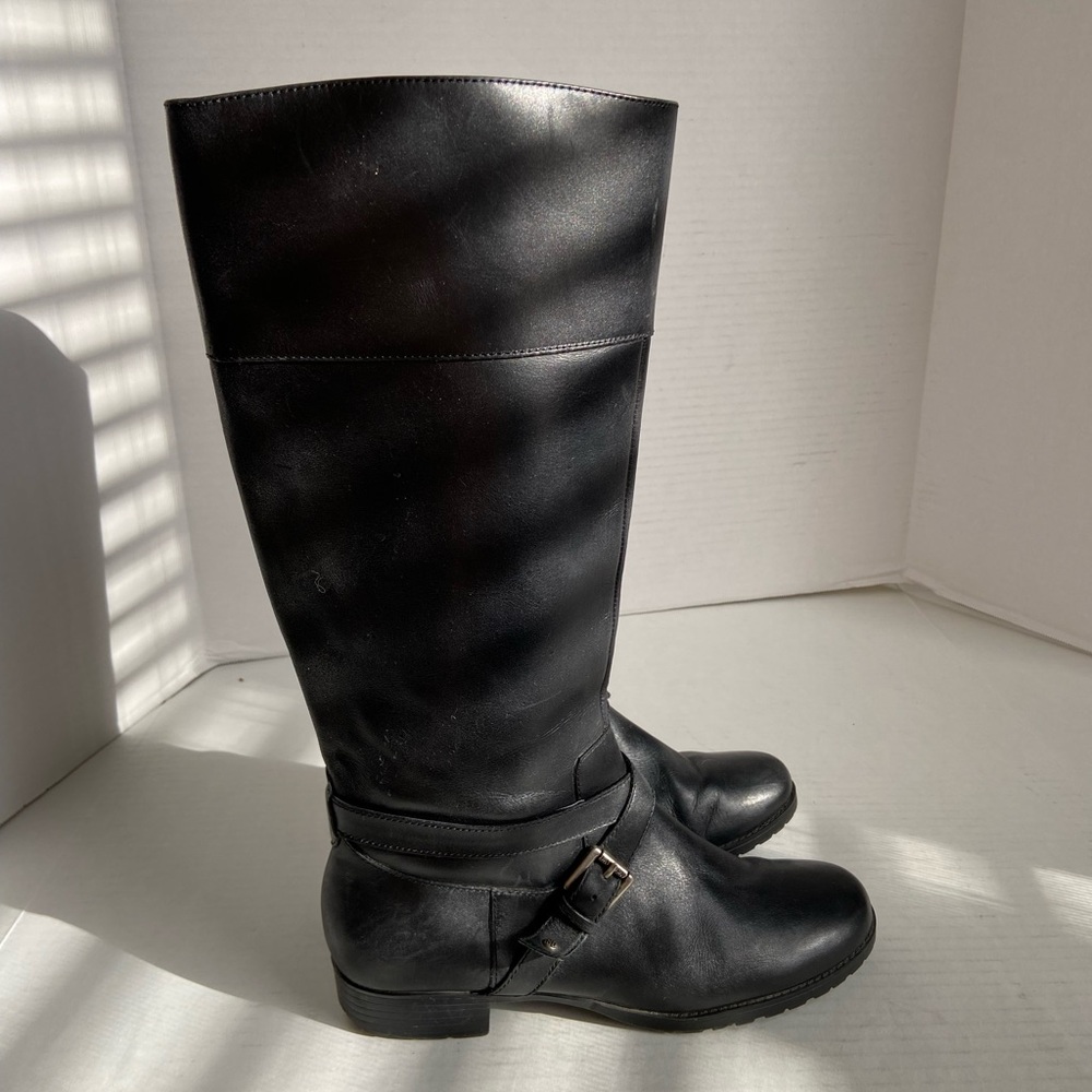 Ralph Lauren Riding Boots Black Leather Knee High Tall Womens 7.5B Logo Embossed